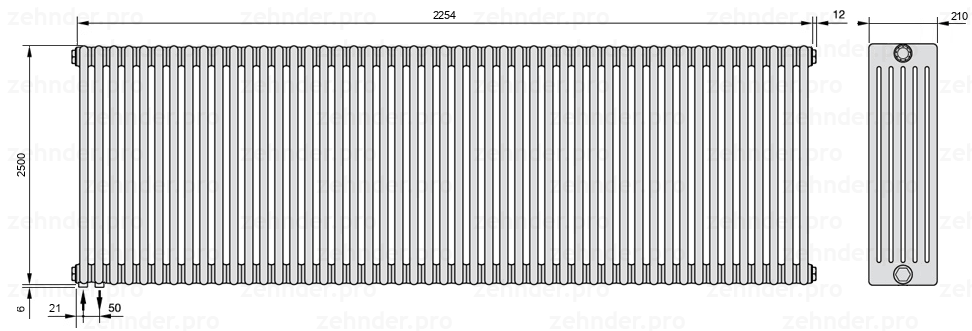 Схема (чертеж) Радиатор Zehnder Charleston 6250/49 №3370 Белый глянцевый RAL 9016